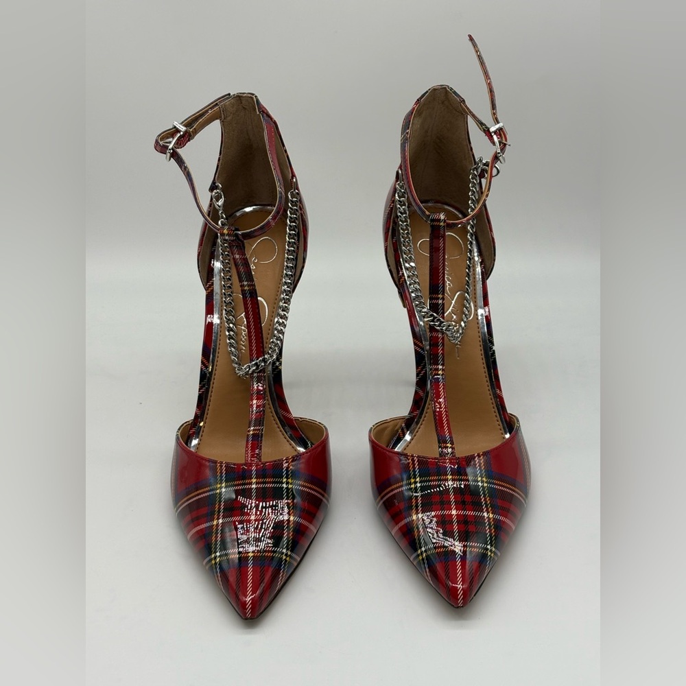 Jessica Simpson Red Plaid Heels with Chain Detail